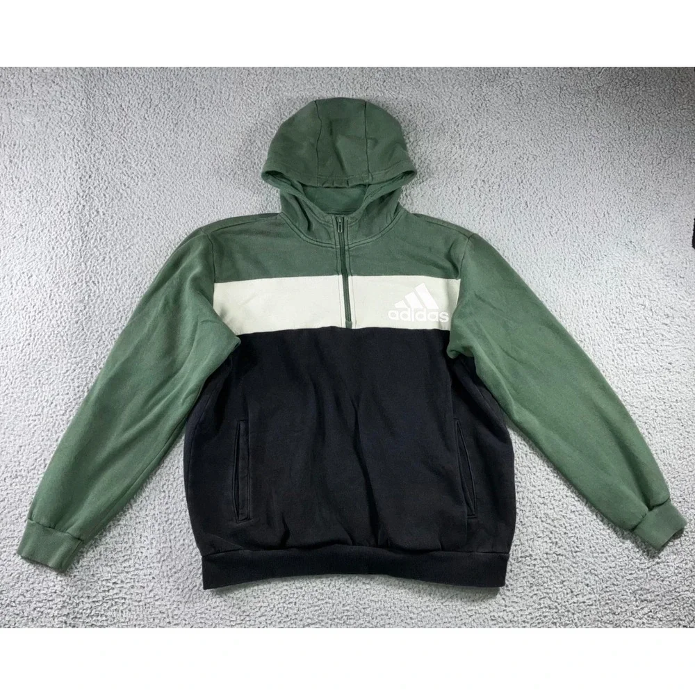 Adidas Hoodie Men L Green Black‎ White Colorblock Quarter Zip Fleece Sweatshirt